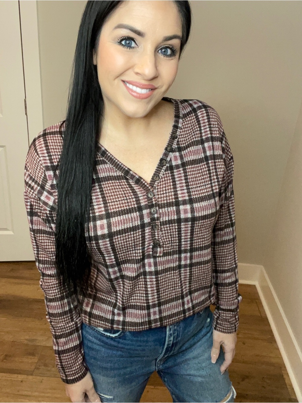 Plus Size XXL XXXL Plaid Henley Long-Sleeve Top in Brown-Pink